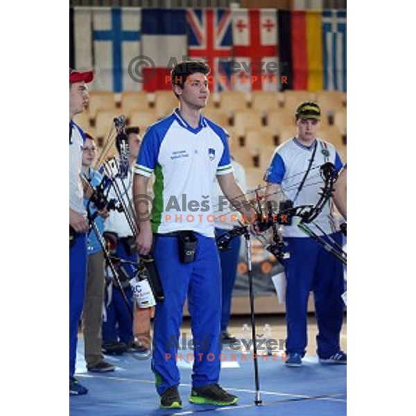 Arne Cerne of Slovenia junior team- gold medalist at 15. European Archery Indoor Championships in Bonifika Hall, Koper, Slovenia on February 28, 2015