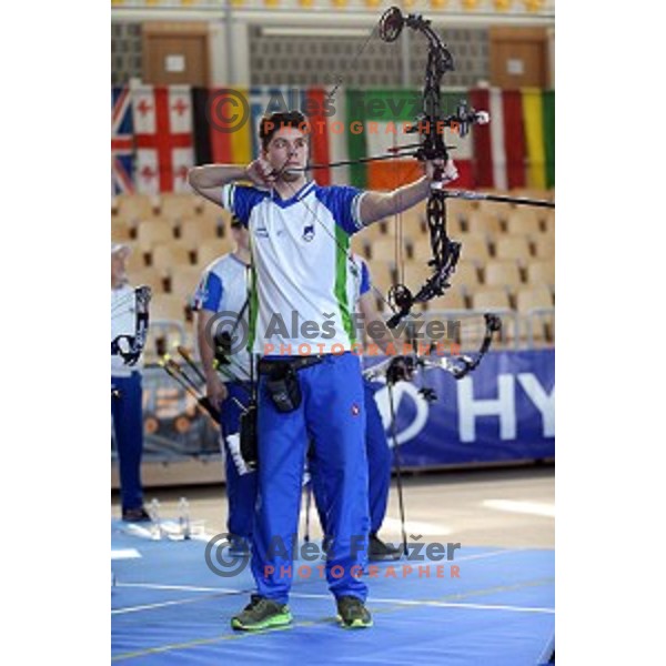 Arne Cerne of Slovenia junior team- gold medalist at 15. European Archery Indoor Championships in Bonifika Hall, Koper, Slovenia on February 28, 2015