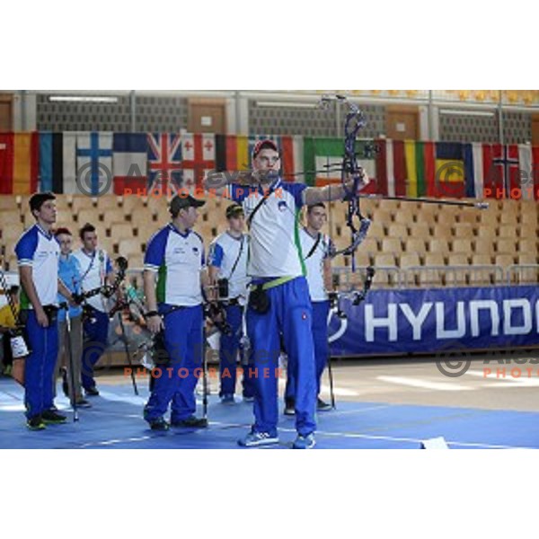 Luka Stosevski of Slovenia junior team- gold medalist at 15. European Archery Indoor Championships in Bonifika Hall, Koper, Slovenia on February 28, 2015