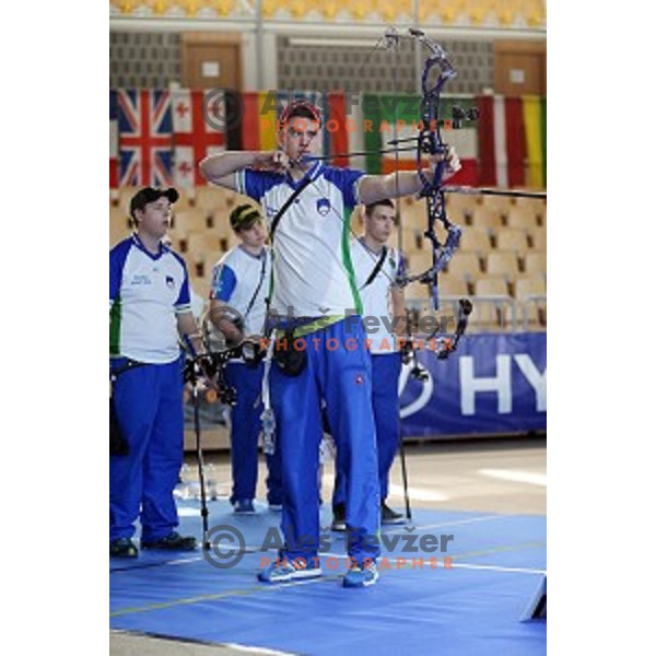 Luka Stosevski of Slovenia junior team- gold medalist at 15. European Archery Indoor Championships in Bonifika Hall, Koper, Slovenia on February 28, 2015
