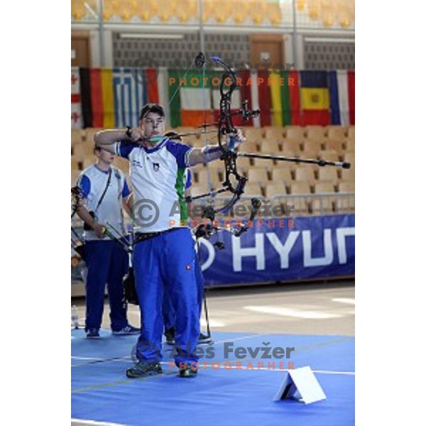 Stas Modic of Slovenia junior team- gold medalist at 15. European Archery Indoor Championships in Bonifika Hall, Koper, Slovenia on February 28, 2015