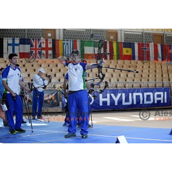 Stas Modic of Slovenia junior team- gold medalist at 15. European Archery Indoor Championships in Bonifika Hall, Koper, Slovenia on February 28, 2015