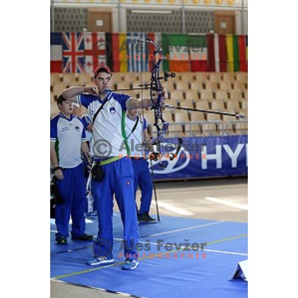 Luka Stosevski of Slovenia junior team- gold medalist at 15. European Archery Indoor Championships in Bonifika Hall, Koper, Slovenia on February 28, 2015