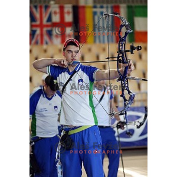 Luka Stosevski of Slovenia junior team- gold medalist at 15. European Archery Indoor Championships in Bonifika Hall, Koper, Slovenia on February 28, 2015
