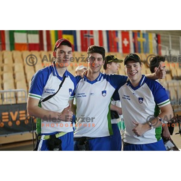 Luka Stosevski,Arne Cerne and Stas Modic of Slovenia junior team- gold medalists at 15. European Archery Indoor Championships in Bonifika Hall, Koper, Slovenia on February 28, 2015