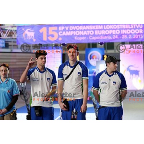 Arne Cerne, Luka Stosevski, Stas Modic of Slovenia junior team- gold medalists at 15. European Archery Indoor Championships in Bonifika Hall, Koper, Slovenia on February 28, 2015