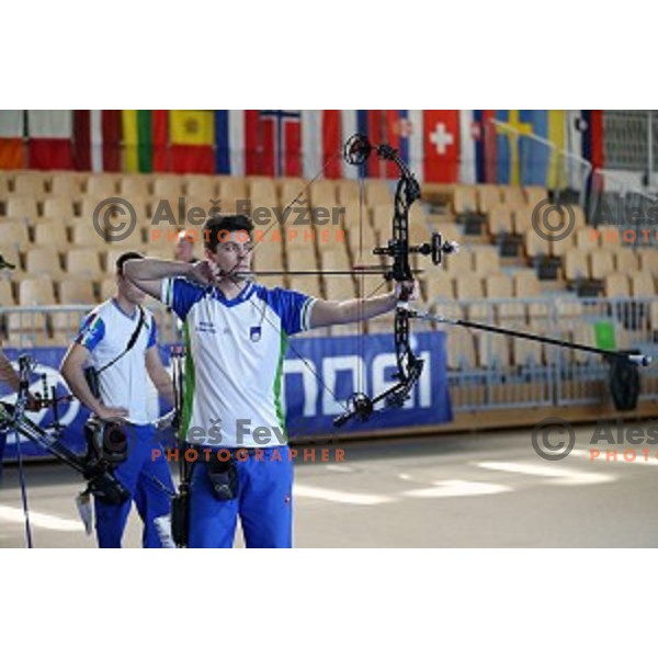 Arne Cerne of Slovenia junior team- gold medalist at 15. European Archery Indoor Championships in Bonifika Hall, Koper, Slovenia on February 28, 2015