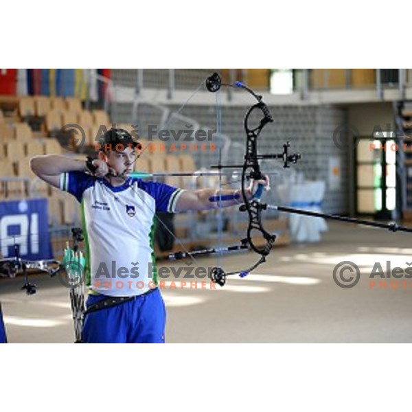 Stas Modic of Slovenia junior team- gold medalist at 15. European Archery Indoor Championships in Bonifika Hall, Koper, Slovenia on February 28, 2015