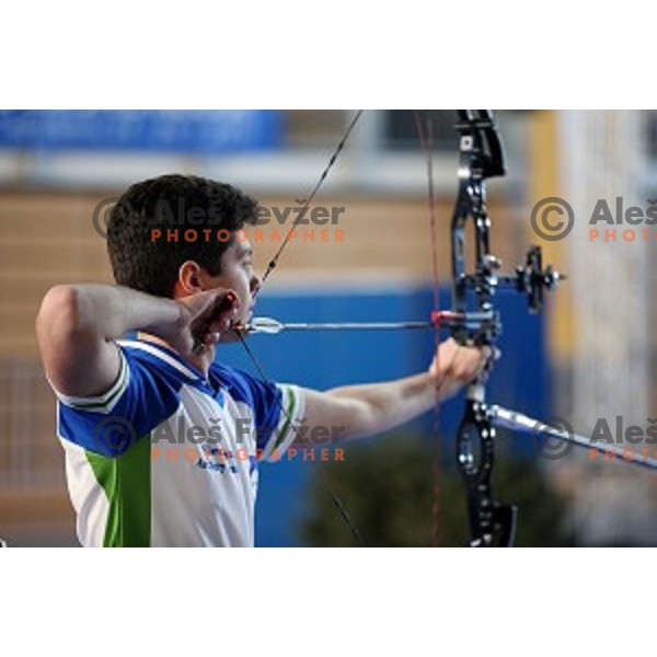 Arne Cerne of Slovenia junior team- gold medalist at 15. European Archery Indoor Championships in Bonifika Hall, Koper, Slovenia on February 28, 2015