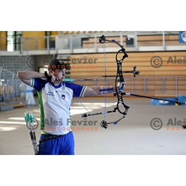 Stas Modic of Slovenia junior team- gold medalist at 15. European Archery Indoor Championships in Bonifika Hall, Koper, Slovenia on February 28, 2015