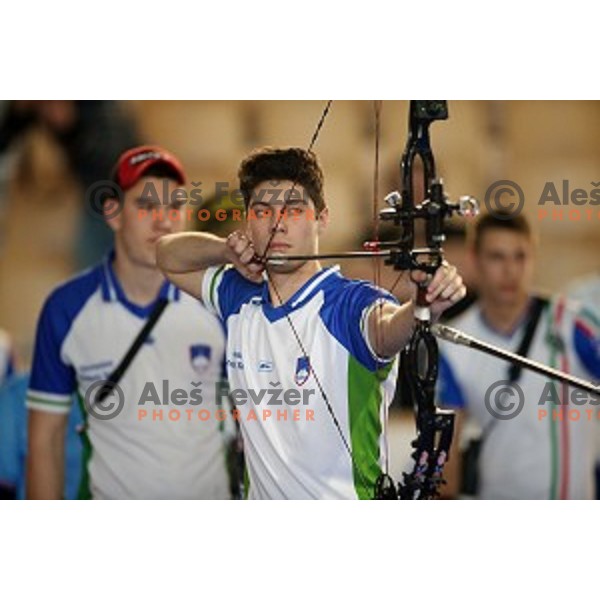 Arne Cerne of Slovenia junior team- gold medalist at 15. European Archery Indoor Championships in Bonifika Hall, Koper, Slovenia on February 28, 2015