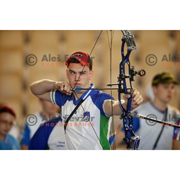 Luka Stosevski of Slovenia junior team- gold medalist at 15. European Archery Indoor Championships in Bonifika Hall, Koper, Slovenia on February 28, 2015