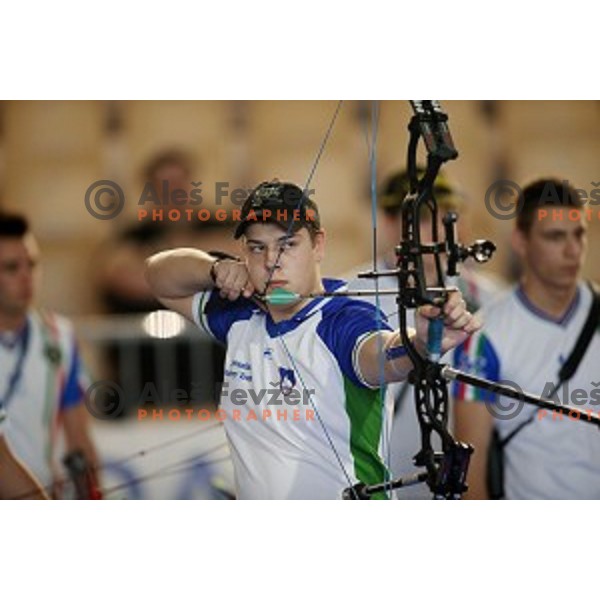 Stas Modic of Slovenia junior team- gold medalist at 15. European Archery Indoor Championships in Bonifika Hall, Koper, Slovenia on February 28, 2015