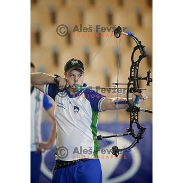 Stas Modic of Slovenia junior team- gold medalist at 15. European Archery Indoor Championships in Bonifika Hall, Koper, Slovenia on February 28, 2015
