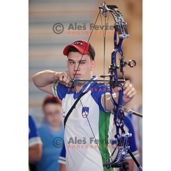 Luka Stosevski of Slovenia junior team- gold medalist at 15. European Archery Indoor Championships in Bonifika Hall, Koper, Slovenia on February 28, 2015