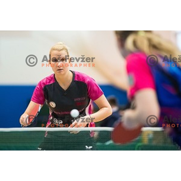 Manca Fajmut in action during tabel tennis match of National Championship 2015, Jesenice, Slovenia, on January 31, 2015