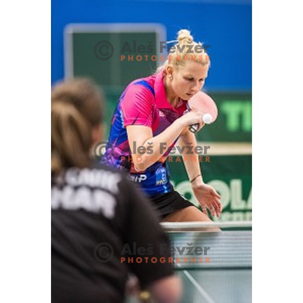 Manca Fajmut in action during tabel tennis match of National Championship 2015, Jesenice, Slovenia, on January 31, 2015