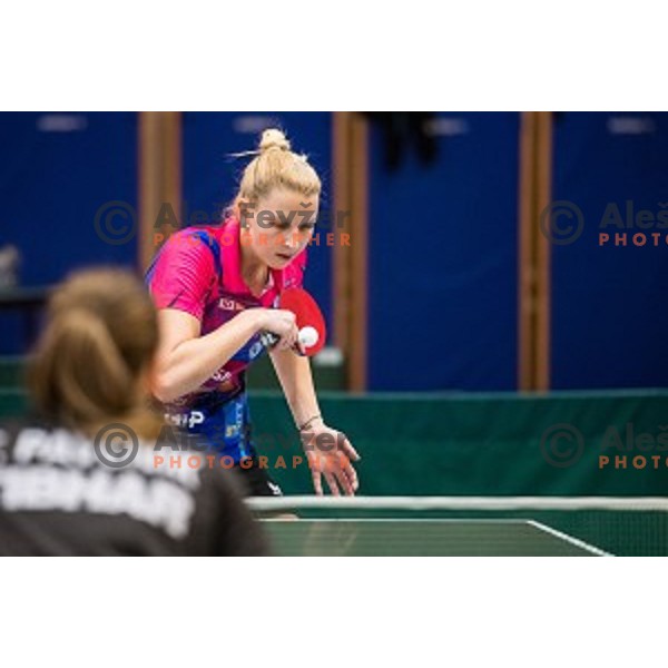 Manca Fajmut in action during tabel tennis match of National Championship 2015, Jesenice, Slovenia, on January 31, 2015