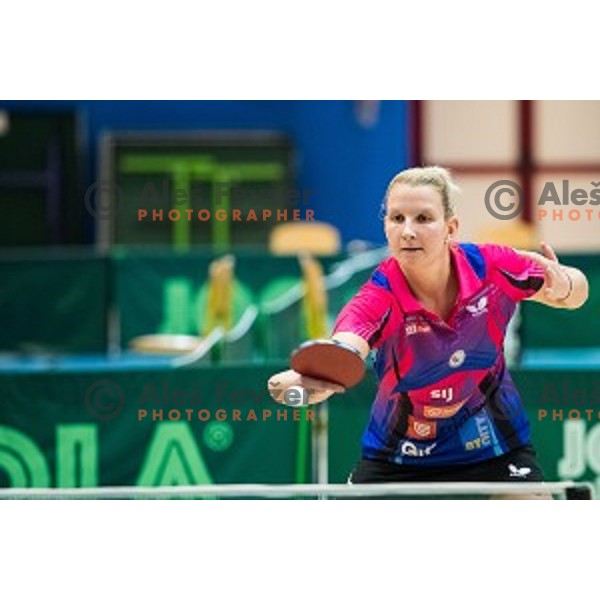 Manca Fajmut in action during tabel tennis match of National Championship 2015, Jesenice, Slovenia, on January 31, 2015