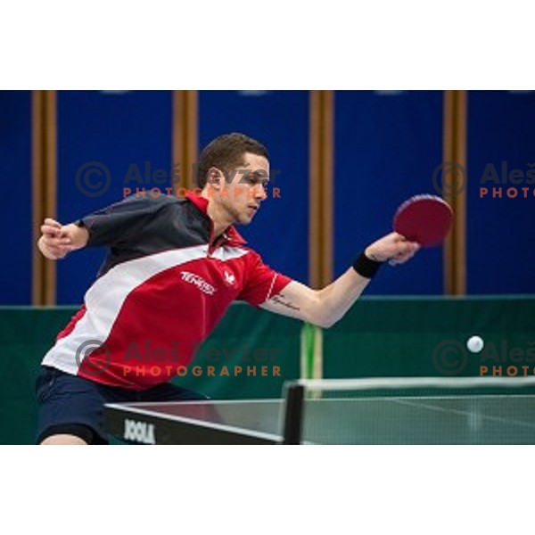 Jan Zibrat in action during tabel tennis match of National Championship 2015, Jesenice, Slovenia, on January 31, 2015