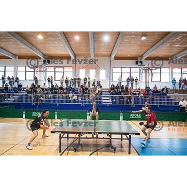 Bojan Tokic and Jan Zibrat in action during tabel tennis match of National Championship 2015, Jesenice, Slovenia, on January 31, 2015