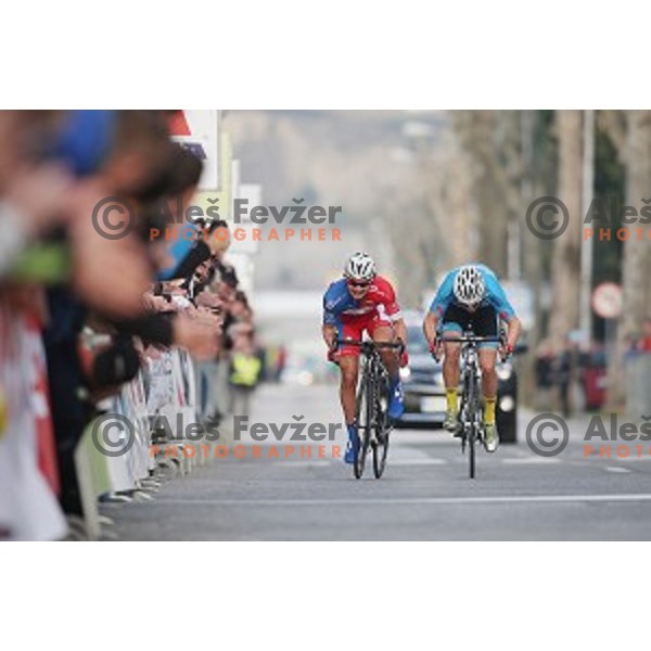 Primoz Roglic of Adria Mobil runnur-up and Gregor Muhllberger of Team Felbmayer Simplon Wels, winner of 2.Grand Prix of Izola, Slovenia on March 1, 2015