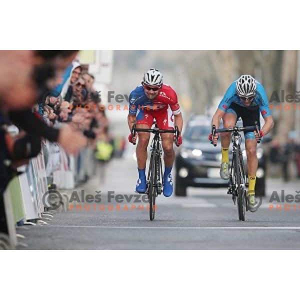 Primoz Roglic of Adria Mobil runnur-up and Gregor Muhllberger of Team Felbmayer Simplon Wels, winner of 2.Grand Prix of Izola, Slovenia on March 1, 2015
