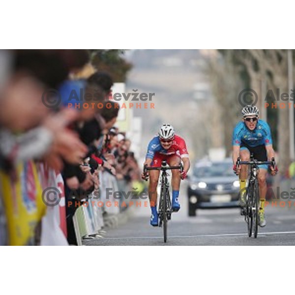 Primoz Roglic of Adria Mobil runnur-up and Gregor Muhllberger of Team Felbmayer Simplon Wels, winner of 2.Grand Prix of Izola, Slovenia on March 1, 2015