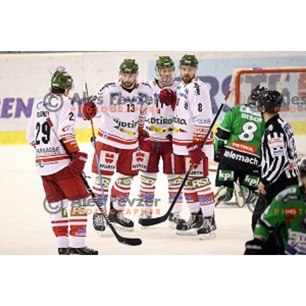 Ziga Pance of Bolzano scores goal during EBEL league ice-hockey match Telemach Olimpija-Bolzano in Tivoli Hall, Ljubljana, Slovenia on March 1, 2015