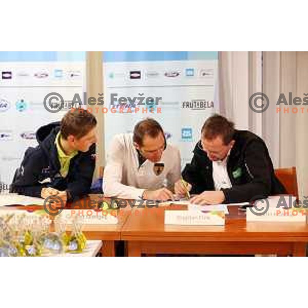 Matej Mohoric, Gorazd Stangelj and Martin Hvastja of Cycling federation of Slovenia press conference before second edition of Grand Prix of Izola race. Manzioli palace, Izola, Slovenia on February 28, 2015