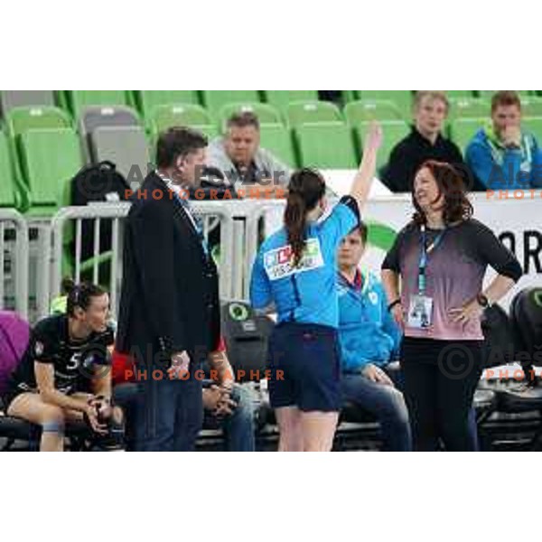 Marta Bon, head coach of Krim Mercator in action during handball match between RK Krim Mercator and Vardar in EHF Champions Leauge, played in Arena Stozice, Ljubljana, Slovenia on March 6, 2015