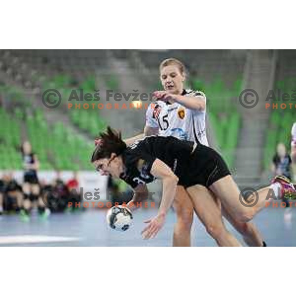 Barbara Lazovic of Vardar and Mirjeta Bajramoska of Krim Mercator in action during handball match between RK Krim Mercator and Vardar in EHF Champions Leauge, played in Arena Stozice, Ljubljana, Slovenia on March 6, 2015