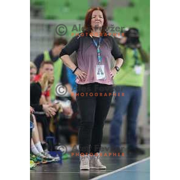 Marta Bon, head coach of Krim Mercator in action during handball match between RK Krim Mercator and Vardar in EHF Champions Leauge, played in Arena Stozice, Ljubljana, Slovenia on March 6, 2015