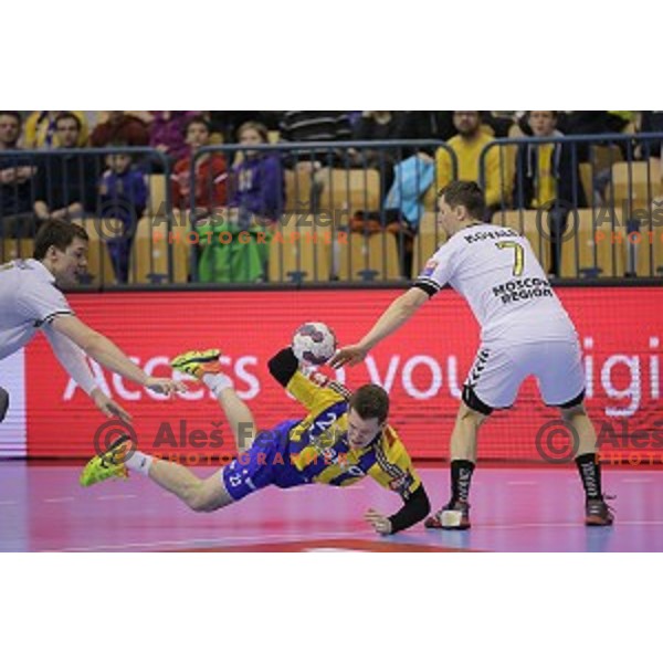 Miha Zarabec of Celje Pivovarna Lasko in action during EHF Champions league handball match Celje PL- Chekovski in Zlatorog Hall, Celje, Slovenia on February 21, 2015