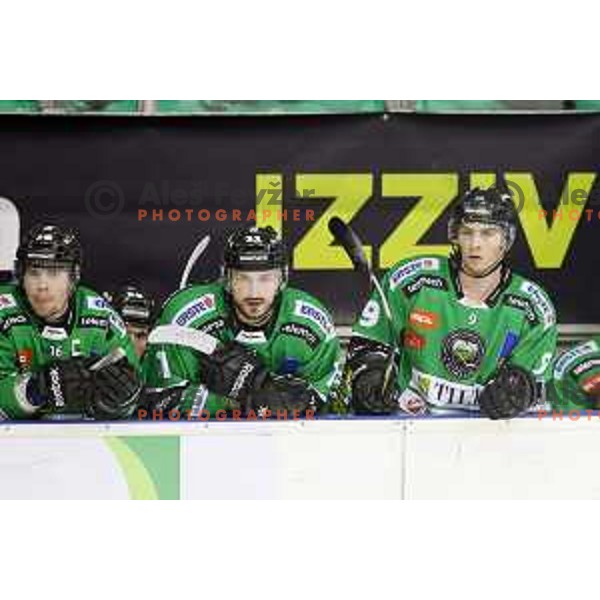 Ales Music, Ziga Pesut, Hunter Bishop of Telemach Olimpija in action during EBEL league ice-hockey match Telemach Olimpija-Bolzano in Tivoli Hall, Ljubljana, Slovenia on March 1, 2015