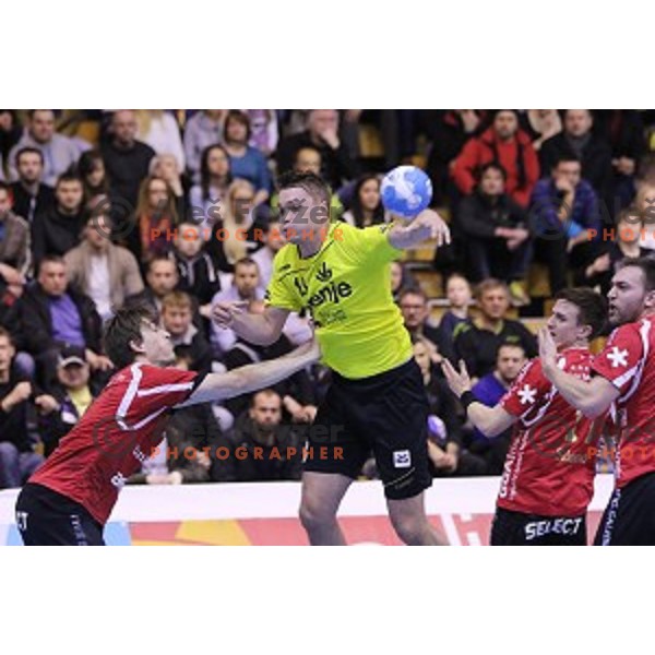 of Gorenje Velenje in action during EHF Cup handball match between Gorenje Velenje (SLO) and Pfadi Winterthur (SUI) in Red Hall, Velenje, Slovenija on March 8, 2015