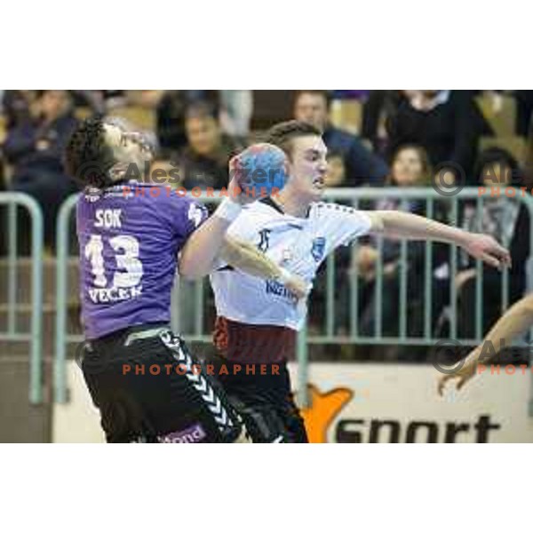 Tadej Sok, Nik Henigman in action during handball match Maribor Branik - Riko Ribnica, 1. NLB Leasing liga, Maribor, Tabor Hall, 8.3.2015