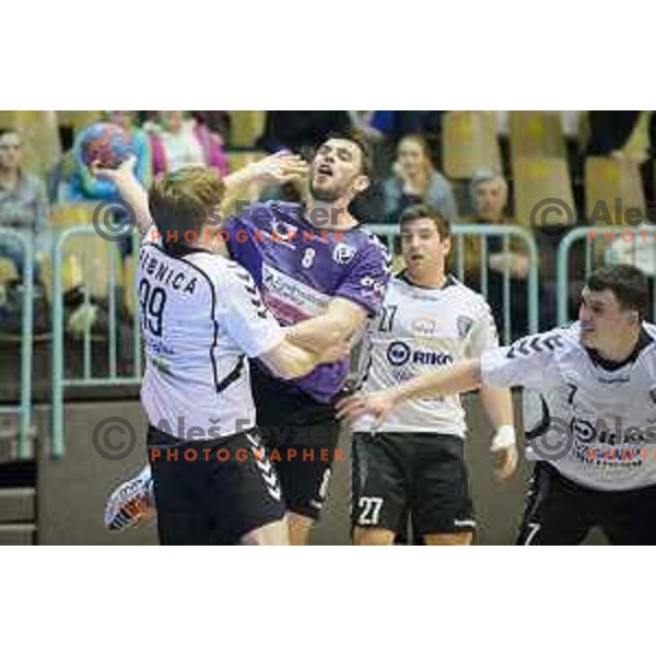 Gregor Kosmrlj, Nikola Spelic, Blaz Nosan, Blaz Fink in action during handball match Maribor Branik - Riko Ribnica, 1. NLB Leasing liga, Maribor, Tabor Hall, 8.3.2015