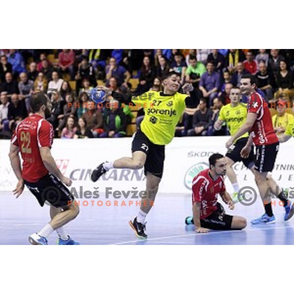 Blaz Klec of Gorenje Velenje in action during EHF Cup handball match between Gorenje Velenje (SLO) and Pfadi Winterthur (SUI) in Red Hall, Velenje, Slovenija on March 8, 2015