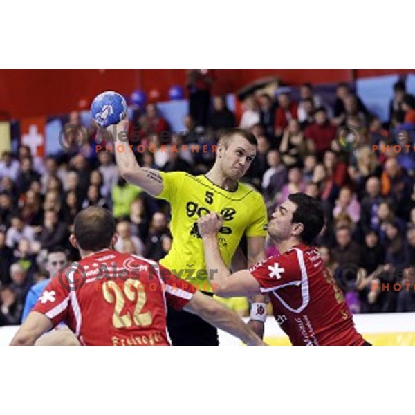 Niko Medved of Gorenje Velenje in action during EHF Cup handball match between Gorenje Velenje (SLO) and Pfadi Winterthur (SUI) in Red Hall, Velenje, Slovenija on March 8, 2015