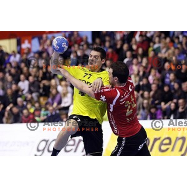 Marko Dujmovic of Gorenje Velenje in action during EHF Cup handball match between Gorenje Velenje (SLO) and Pfadi Winterthur (SUI) in Red Hall, Velenje, Slovenija on March 8, 2015