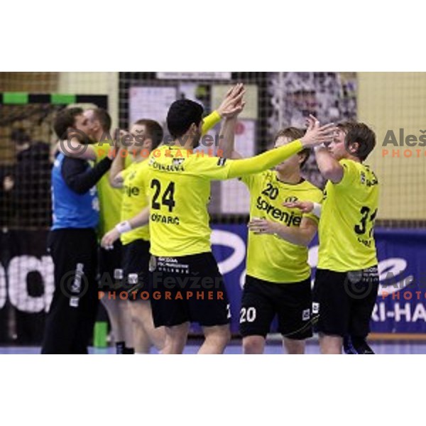 Sostaric, Skube, Gams of Gorenje Velenje in action during EHF Cup handball match between Gorenje Velenje (SLO) and Pfadi Winterthur (SUI) in Red Hall, Velenje, Slovenija on March 8, 2015