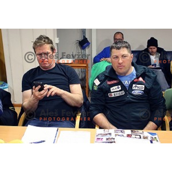 Klemen Bergant and Mitja Kunc at Team captain\'s meeting for AUDI FIS Ski World Cup Giant Slalom - 54.Vitranc Cup in Kranjska gora, Slovenia on March 13, 2015