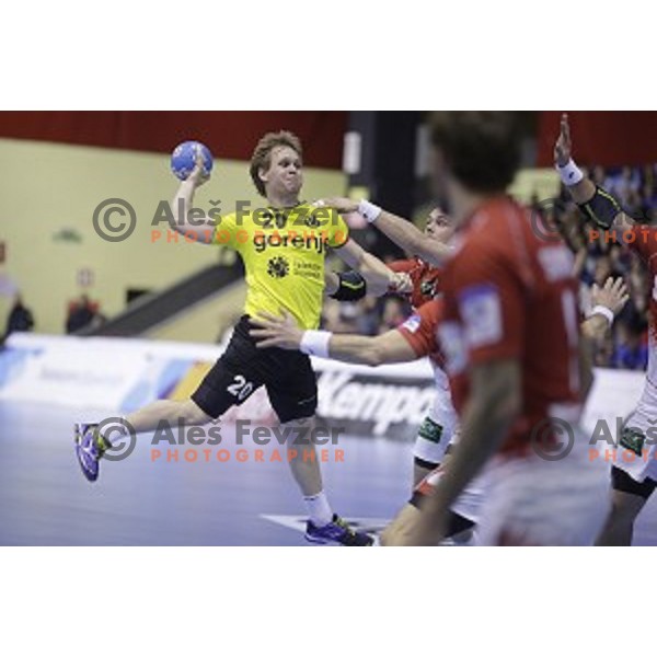 Stas Skube of Gorenje Velenje in action during EHF Cup handball match between Gorenje Velenje (SLO) and Hamburg (GER) in Red Hall, Velenje, Slovenija on March 15, 2015