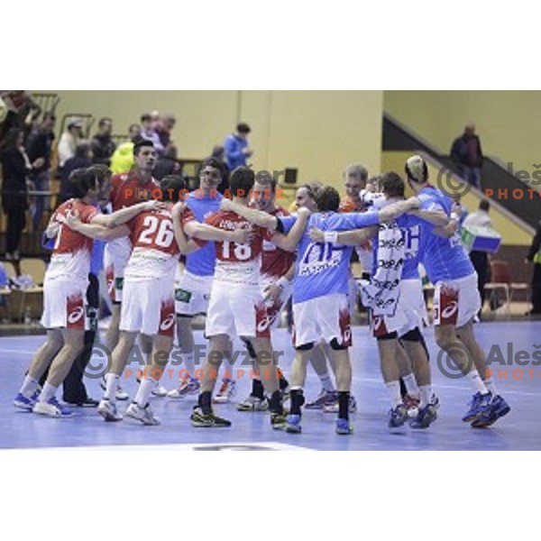 Players of Hamburg celebrate victory at EHF Cup handball match between Gorenje Velenje (SLO) and Hamburg (GER) in Red Hall, Velenje, Slovenija on March 15, 2015