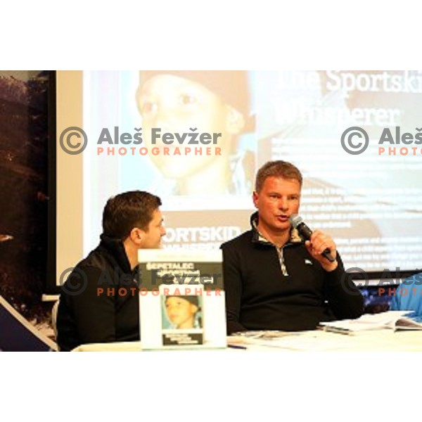 Andrej Miklavc , former slovenian World cup skier and 3 times Olympian (1992, 1994, 1998) presenting his book "Sportkid Whisperer" at press conference during AUDI FIS Ski World Cup - 54.Vitranc Cup in Kranjska gora, Slovenia on March 14, 2015