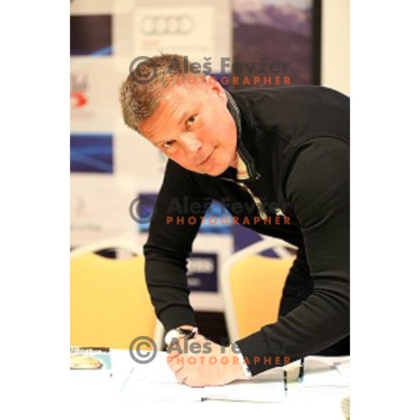 Andrej Miklavc , former slovenian World cup skier and 3 times Olympian (1992, 1994, 1998) presenting his book "Sportkid Whisperer" at press conference during AUDI FIS Ski World Cup - 54.Vitranc Cup in Kranjska gora, Slovenia on March 14, 2015