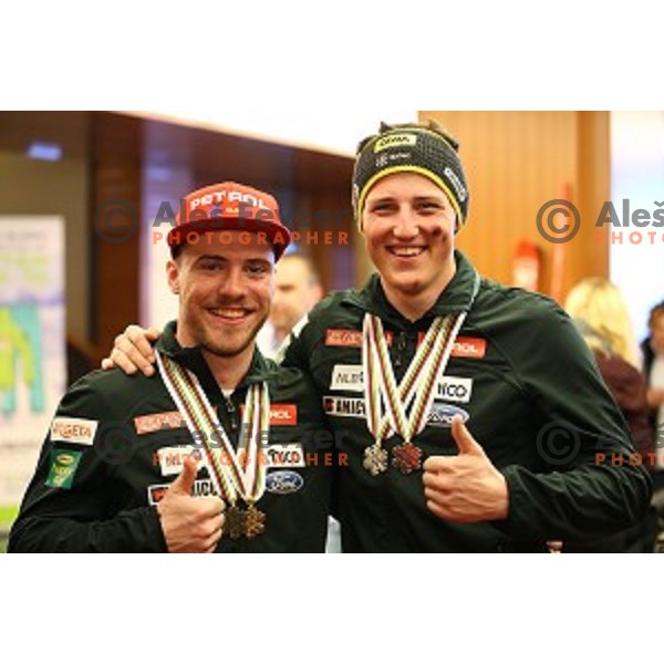 Miha Hrobat and Aljaz Hadalin at Slovenia Ski team fashion show during AUDI FIS Ski World Cup- 54.Vitranc Cup in Kranjska gora, Slovenia on March 14, 2015