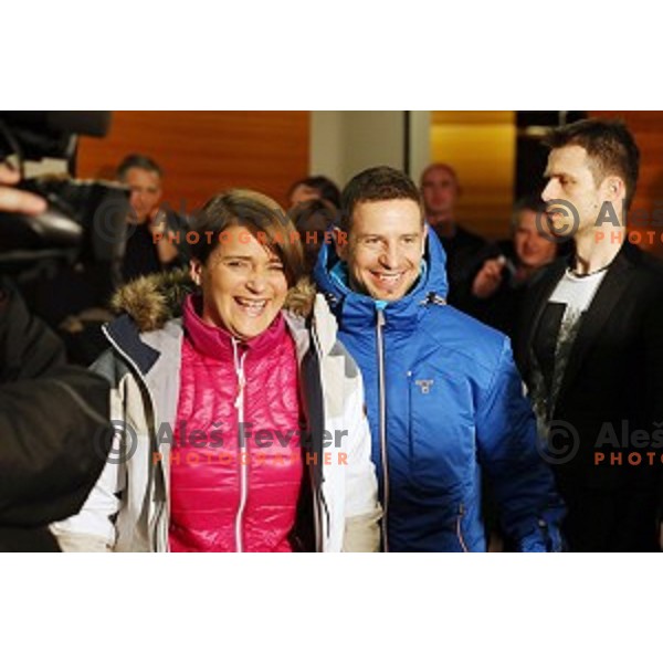 Alenka Dovzan and Rene Mlekuz at Slovenia Ski team fashion show during AUDI FIS Ski World Cup- 54.Vitranc Cup in Kranjska gora, Slovenia on March 14, 2015