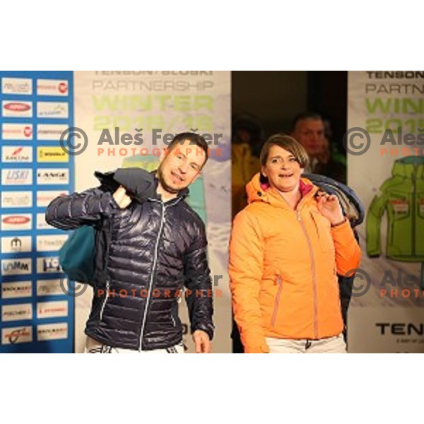 Alenka Dovzan and Rene Mlekuz at Slovenia Ski team fashion show during AUDI FIS Ski World Cup- 54.Vitranc Cup in Kranjska gora, Slovenia on March 14, 2015